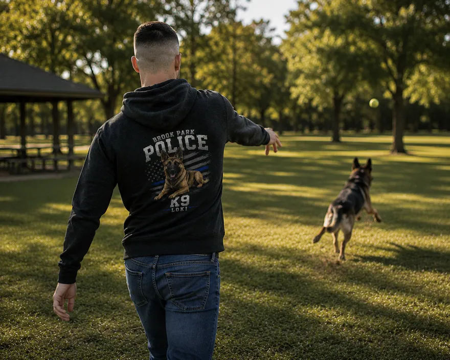 A handler in a Brook Park Police K9 hoodie throwing a ball for his German Shepherd in a park, the back print showing K9 Loki over a thin blue line flag