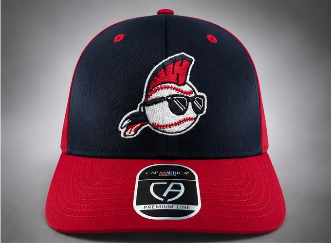 Navy and red team cap with an embroidered cartoon baseball mascot wearing sunglasses