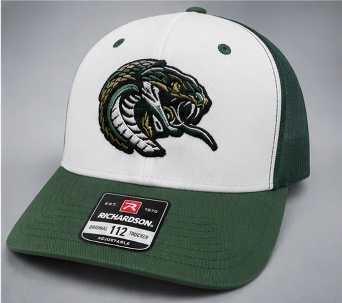 White and green trucker cap with an embroidered snake head logo