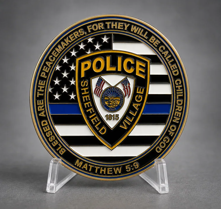 Sheffield Village Police challenge coin in gold and enamel with a thin blue line flag and department shield