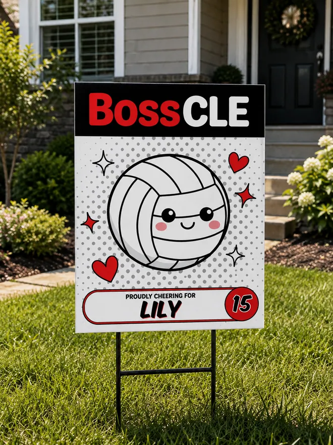 Custom volleyball yard sign on an H-stake in a front lawn, cheering on a player by name and number